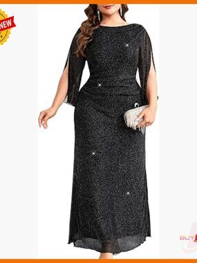 Plus Size Sparkly Evening Dress Petal Sleeve V-Back Ruched Maxi Gown